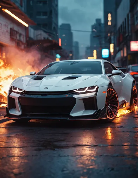 white modern style car,front isometric view,neon lights tires,((fire from body)),cyberpunk background, smooth outer texture ,bokeh,cinematic shot,big tires,destroyed cars in background