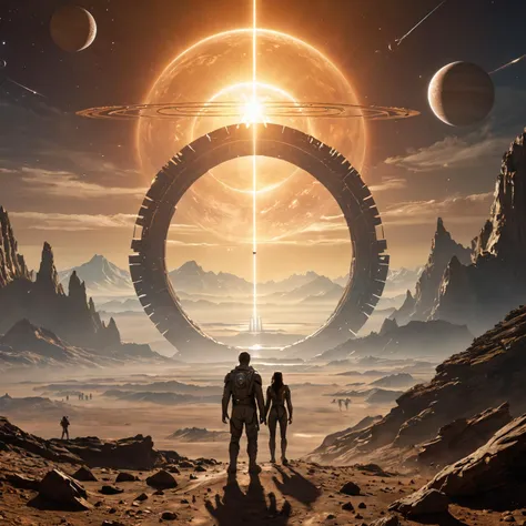 The image shows a science fiction scene of a planet with a large ringed structure in the sky. The ring is a Stargate, a device that allows for interstellar travel. The planet is barren and rocky, with a few mountains in the distance. There are three people standing in the foreground, looking at the Stargate. They are all wearing futuristic clothing. The image is lit by a bright sun, which is setting behind the Stargate.