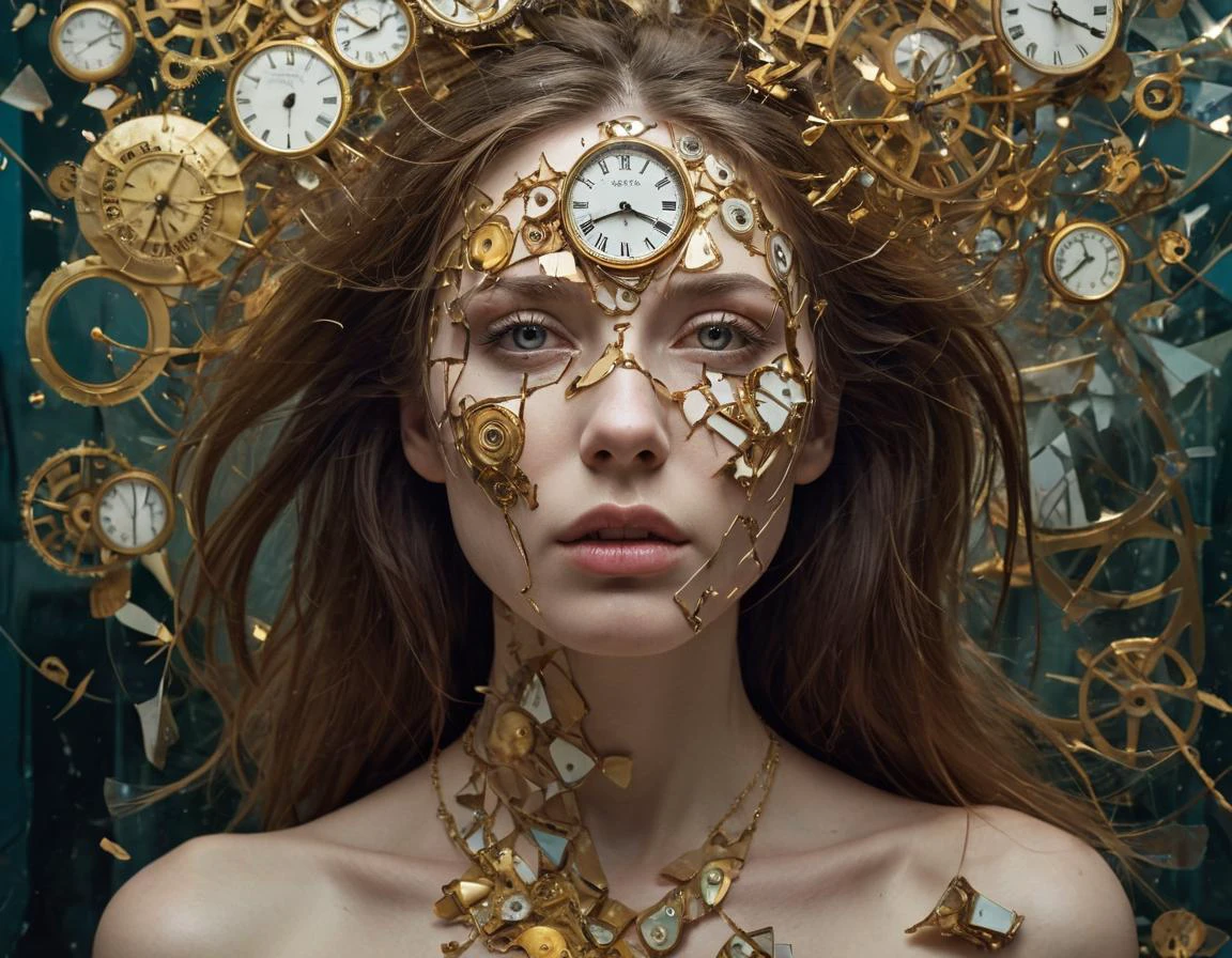 Abstract style , A surrealist self-portrait of a woman with porcelain skin, shattering face expression, broken dreams, loneliness, face fragmentation, broken glass, shards of glass, reflecting a chaotic dreamscape, golden theme, floating gears, melting clocks, distorted mirrors . Dreamlike, mysterious, provocative, symbolic, intricate, detailed, vibrant, beautiful, translucent, intricate, detailed
