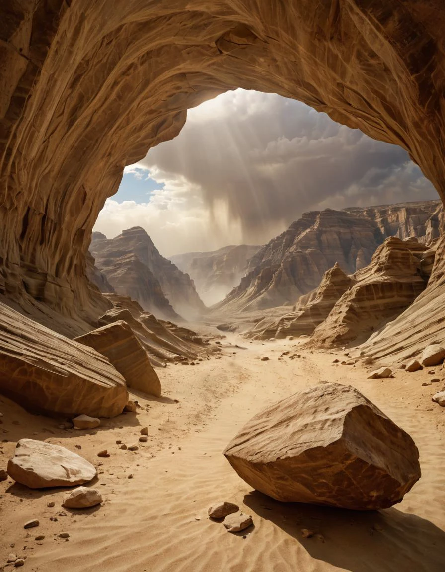 (desert canyon:1.5)ï¼Narrow canyon in the middle of the desert,sandstormï¼tornadoï¼ in the style of photo realistic landscapes, Stone sculptures, cabin core, Stone, in the style of photo realistic landscapes, cabin core, tumbling wave,decorative background, photo realistic landscapes, large canvas format, 32k Ultra HD, photo, The best qualities of imaginative landscapes,4K,8k,high resolution,masterpiece:1.2),Super detailed,(actual,realistically,realistically:1.37),