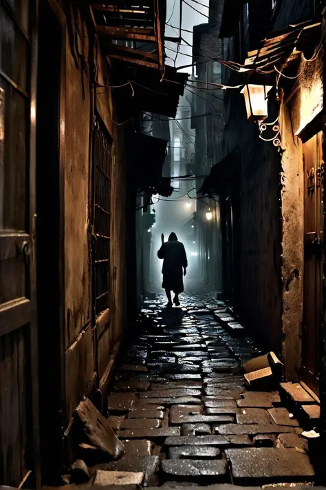 in the dimly lit alley, a solitary figure clad in tattered clothes trudges along, their head bowed low as they clutch a rusted spear. the figure's attire is reminiscent of bygone times, evoking a sense of nostalgia for an era long past. as the person walks, their footfalls echo through the narrow passage, sending shivers down the spine of any passerby. the alley itself is devoid of life, with its cobblestone path cracked and worn from years of use. on either side, old buildings stand tall, their windows boarded up and doors sealed shut, adding to the eerie atmosphere. the air is thick with the scent of musty books and damp stone, creating a palpable feeling of melancholy. every so often, the figure pauses to adjust their grip on the spear, their hand shaking slightly as if burdened by some unseen weight. despite the chill in the air, beads of sweat dot their forehead, hinting at the internal turmoil they are experiencing. in the distance, a faint light can be seen, casting long shadows that dance across the alley walls. it seems to emanate from a small, flickering candle placed within a dilapidated lantern hanging outside one of the buildings. the light is feeble but provides just enough illumination for the figure to continue their somber journey. as the person moves further into the depths of the alley, the scene fades into a misty grayness, leaving behind only the haunting echo of their footsteps and the distant glow of the lantern.