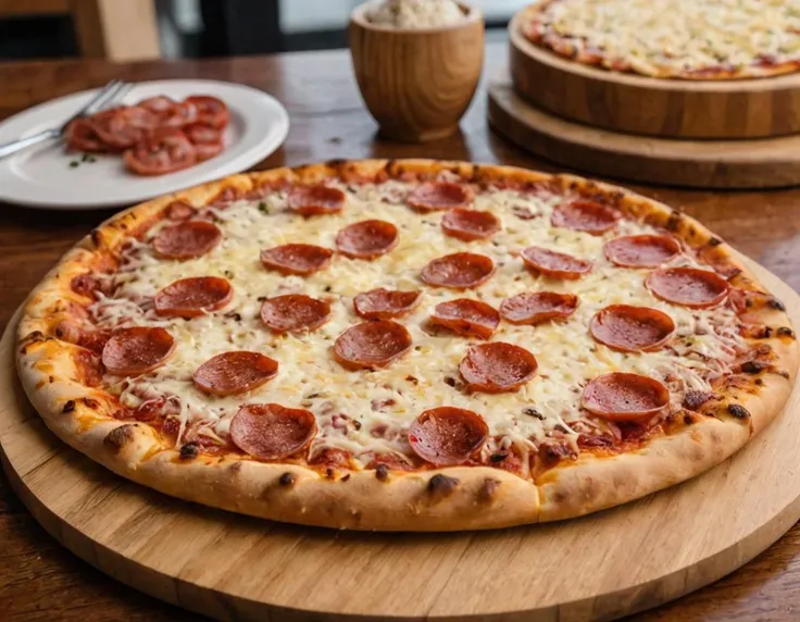 Image of a pizza with a lot of cheese and pepperoni, The pizza is sitting on a wood plate on a restaurant table