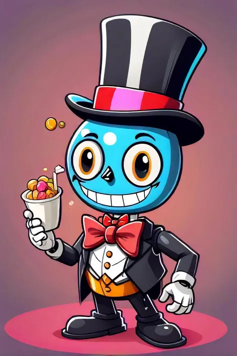 cartoon character of a vibrant makeup with a top hat and bow tie, cereal mascot, cuphead's art style, mascot illustration, happy robot, cuphead, joytoy, gumroad, boneface, mr. roboto, petros afshar speedart, friendly robot, candypunk character design, capitalist vibrant makeup, flat pancake head, vinny from vinesauce