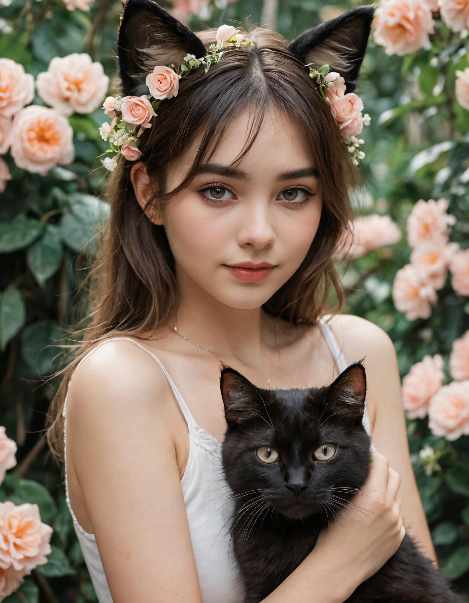 ((highest quality)), ((masterpiece)), (get used to it), perfect face , beautiful girl , cat ears , Cat , Lots of flowers in the background ,