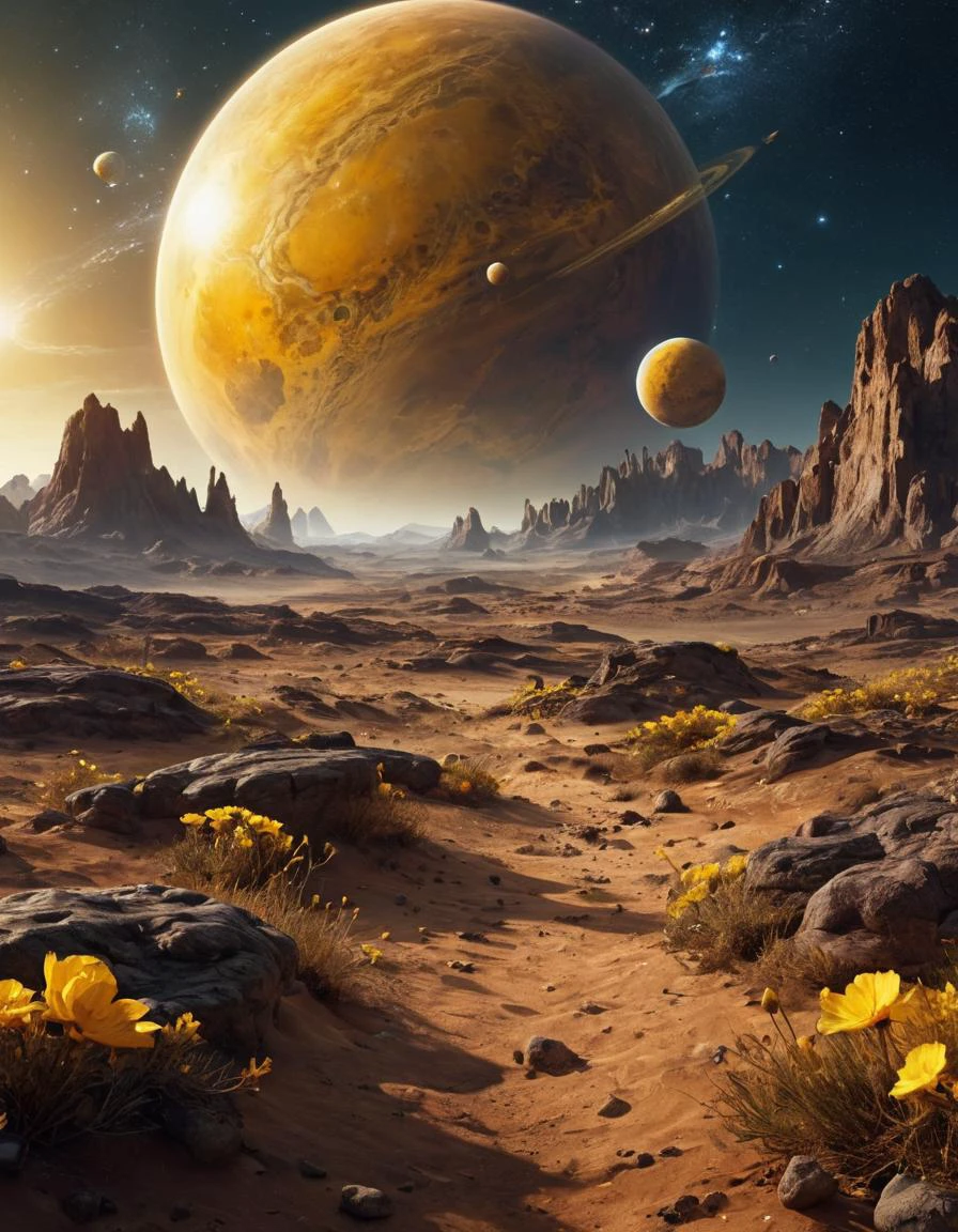 Beautiful space with mysterious yellow planetsï¼trendding on artstationï¼rich colourfulï¼A detailedï¼complexï¼16kï¼romanticism lainï¼Beautiful fantasy landscapeï¼Realistic and naturalï¼Cosmos Skyï¼Detailed full colorï¼natureyï¼high-definition photographyï¼photorealistic hyperrealisticï¼Elements of NASAï¼magicalï¼A detailedï¼The sheenï¼ultra-realistic realism