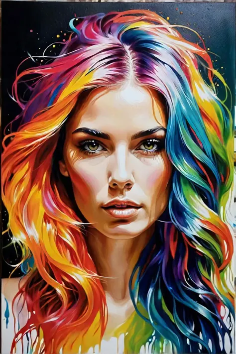 colorful hair modern art painting by art stock images, in the style of colorful fantasy realism, liquid emulsion printing