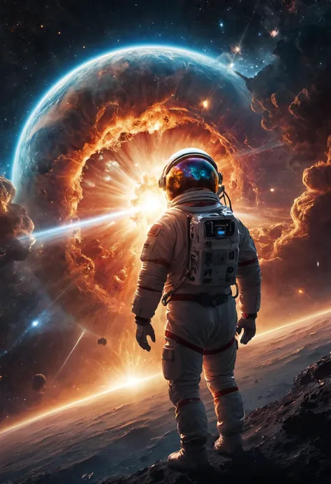 A powerful scene of an astronaut witnessing a supernova explosion from the safety of their spacecraft, the brilliant colors and light of the dying star reflecting off their suit and helmet.