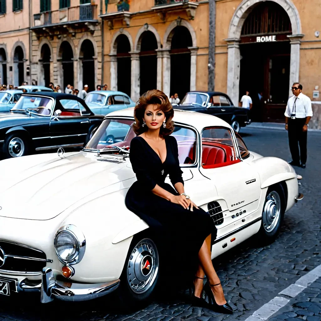 sofia loren sitting on a mercedes 300 sl gullwing in a street of rome