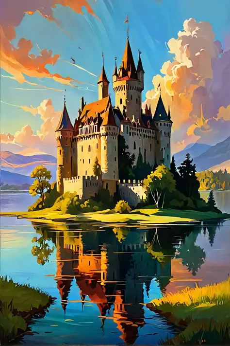 painting of, arafed castle sitting on a small island in the middle of a lake, beautiful castle, epic castle, located in a castle, an immense floating castle, luxury castle, magical castle, inside an epic gothic castle, gothic castle, abandoned castle, epic castle with tall spires, beautiful render of a fairytale, fantasy castle, adult nymph tale place, a medieval castle, by rhads, mandy jurgens art, gorgeous digital painting, romanticism painting, by arthur pan, by bernat sanjuan, romanticism artwork, breathtaking colors