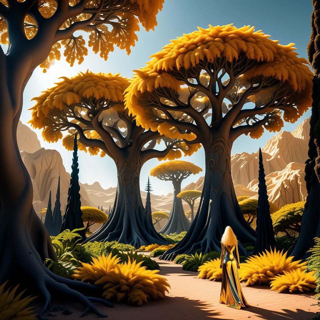 Majestic trees, Alien landscape, Microscopic view, Contrast shadows, lush foliage, Bubbly personality, Radiant complexion, Striking contrast, Golden spires, Prowling stance, Private estate