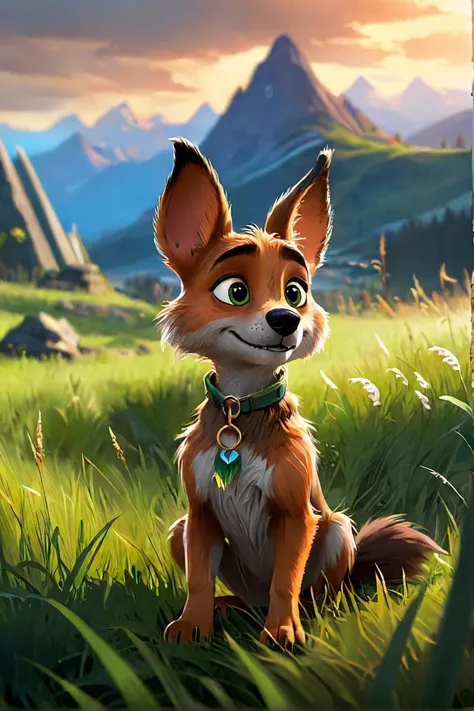 cartoon dog sitting in a field of grass with mountains in the background, concept art by aleksi briclot, featured on artstation, furry art, zootopia concept art, cinematic matte illustration, stylized game art