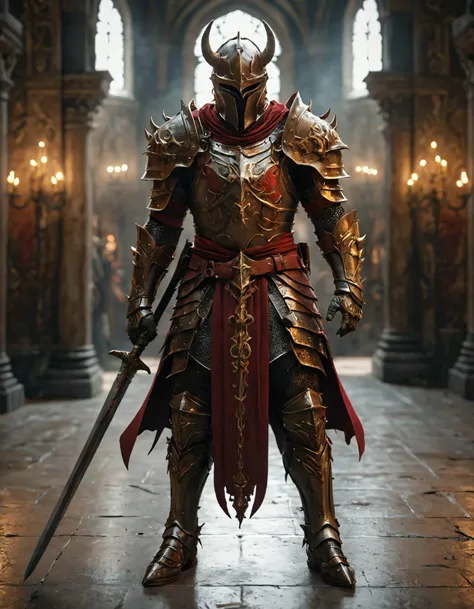 (Best quality,4K,8K,A high resolution,Masterpiece:1.2),Ultra-detailed,(Realistic,Photorealistic,photo-realistic:1.37),A sword-wielding demon armor warrior stood in the hall, Full body portrait of the mysterious knight, Wearing heavy armorï¼A sacred warrior wielding a legendary sword, Mythical warriors in full-body armor, A golden knight with divine armor, The helmet is decorated with the devil's horns, The eyes glow blood-red, Concept art for glorious figures, Crimson Armor Knight, Epic Paladin armor, Holy medieval knight, Kneel on one knee, Blades embedded in the earth, submission, Full body shot.