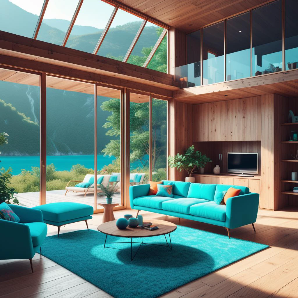 Infinite cosmos, Vivid aqua, Power stance, Joyful demeanor, Realistic textures, Articulated joints, Vacation home, Vibrant contrasts, Nature's , Shining highlights, deep saturation