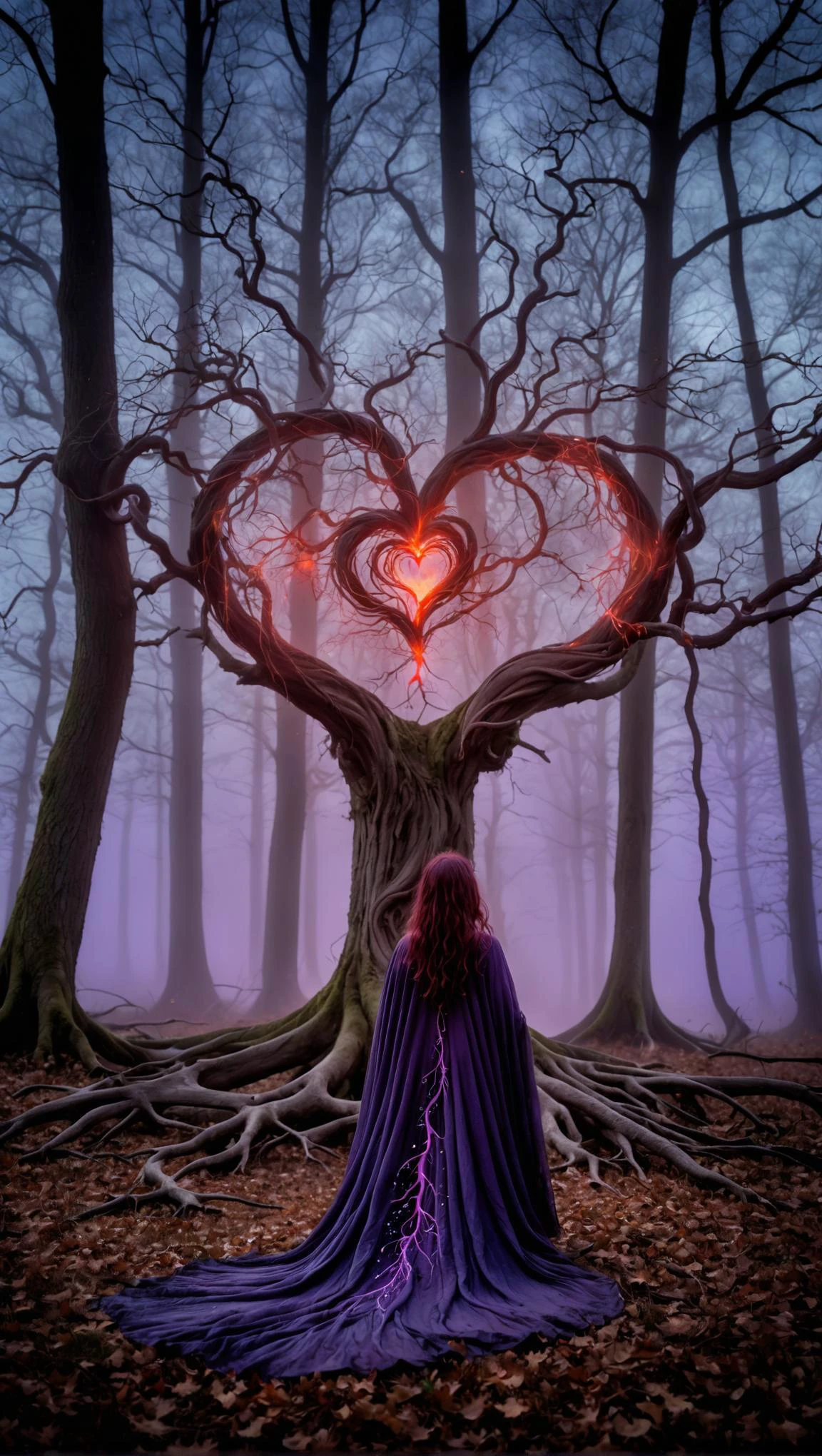 folk horror style here is the combined image generation prompt: "a lone figure, a 42 year old woman, stands at the center of a mystical clearing surrounded by the misty forest's twisted trees. her flowing cloak of iridescent silk ripples in the gentle breeze, as if infused with an otherworldly energy. before her, an ancient tree glows with an ethereal light, its branches tangled with vines and stars that seem to pulse with magic. the air is heavy with the scent of damp earth and decaying leaves, but amidst this eerie atmosphere, the woman's presence exudes a sense of quiet power. her eyes, red rimmed from tears, burn with an inner intensity as she grasps a staff that appears to be drawing itself into a swirling vortex of purple black smoke. the smoke seems to be drawn into the tree's glowing heart, where it merges with the celestial bodies and vines, creating a mesmerizing display of cosmic magic." . rural settings, ancient rituals, pagan symbols, atmospheric tension