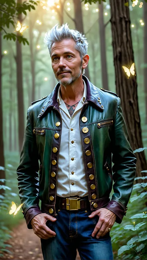 lifestyle photoshoot, candid, natural, everyday settings, relaxed here is the combined image generation prompt: "imagine a whimsical digital illustration of a 42 year old man with short, spiky silver hair and piercing green eyes standing at the edge of a mystical forest glade. he wears a worn leather jacket with brass buttons over a vintage white dress shirt with a high collar, giving him an air of mystery and sophistication. before him stands a luminescent tree with branches that resemble ethereal tentacles, emitting a soft hum that attracts a swarm of iridescent butterflies that flutter and dance around its trunk. the air is filled with an otherworldly fragrance, as if the tree's essence has been distilled into a perfume that tantalizes the senses. as he gazes at the tree, he feels an inexplicable sense of wonder and connection to the natural world, as if the tree is sharing secrets from a realm beyond mortal comprehension. in the background, the dreamlike cityscape of mauve, gold, and indigo skyscrapers can be seen through the trees, with tiny fireflies dancing around the edges of the composition, casting a warm glow on the scene."