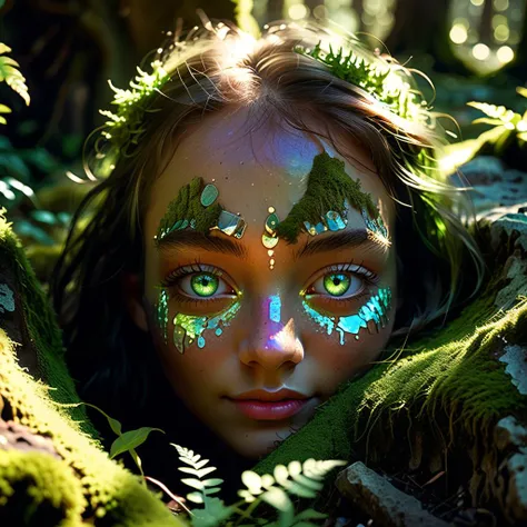 Fierce gaze, Mossy ground, Cheerful visage, Nature's architecture, Mystical artifact, Sparkling eyes, Iridescent surfaces, Harmonic resonance, Enigmatic character, Creative expression, Dappled sunlight