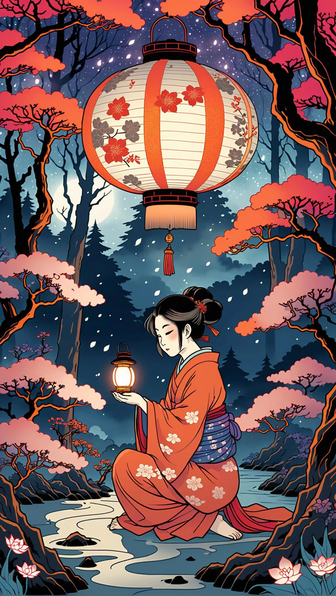 ukiyo e style here is the combined image generation prompt: "a mystical forest dweller, aged 45, crouches amidst the swirling vortex clouds of iridescent mist and flickering, neon lit foliage, clutching an intricately crafted lantern that casts an ethereal glow on the delicate, iridescent petals of a mystical flower as they unfurl on the misty forest floor. the air is thick with whispers of forgotten knowledge, while the very fabric of reality appears to be unraveling around them, manifesting dissonant hues of burnt orange, mottled grey, and discordant crimson in the surrounding environment." . japanese woodblock prints, flat colors, bold outlines, everyday scenes, highly detailed