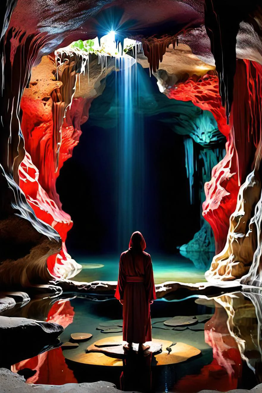 in the vast expanse of a deep, winding cave, two figures clad in red robes stand on either side of a crystal clear pool of water. the figure on the left gazes intently at their counterpart across the water, their hands clasped together in a silent prayer. the individual on the right returns the gaze, their own hands raised in supplication. the cave walls, a deep shade of maroon, are adorned with intricate patterns that shimmer under the soft glow emanating from the cave's depths. this light casts an ethereal aura over the scene, illuminating the figures and highlighting the undulating ripples in the water. a bridge of vines and roots stretches between the two individuals, serving as a symbolic connection between them. this natural pathway cuts through the water, creating a serene passage for the two to meet in this sacred space. above, stalactites and stalagmites stretch towards each other, forming a natural canopy that envelops the figures in an intimate embrace. the ceiling of the cave is a breathtaking spectacle, with its jagged edges glistening with droplets of moisture that drip down onto the pool below. despite the awe inspiring surroundings, the atmosphere remains orderly and serene. there is a sense of harmony in the air, as if the very elements of nature have aligned themselves to facilitate this holistic encounter. the interplay of light, water, and stone creates a harmonious symphony, encapsulating the spiritual journey unfolding before our eyes.