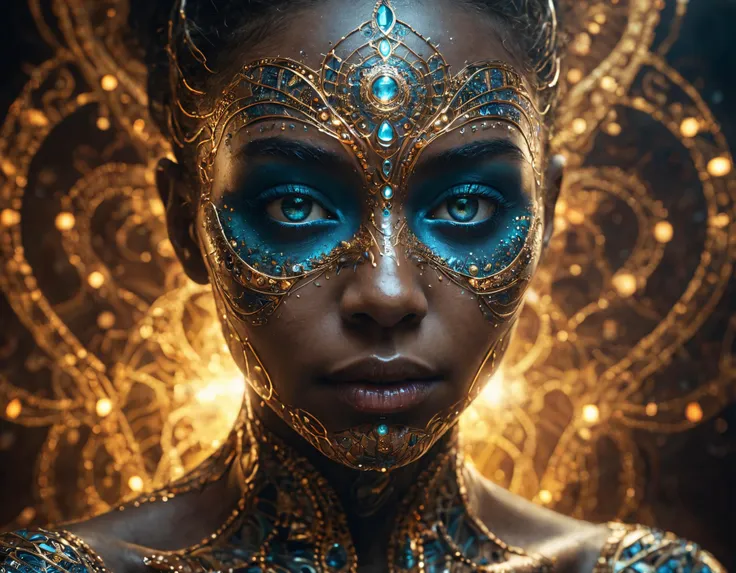 (8k, RAW photo, highest quality), hyperrealistic abstract style portrait of an otherworldly being with metallic skin, glowing orbs for eyes, and intricate fractal patterns emanating from their face, non-representational, colors and shapes, expression of feelings, imaginative, highly detailed