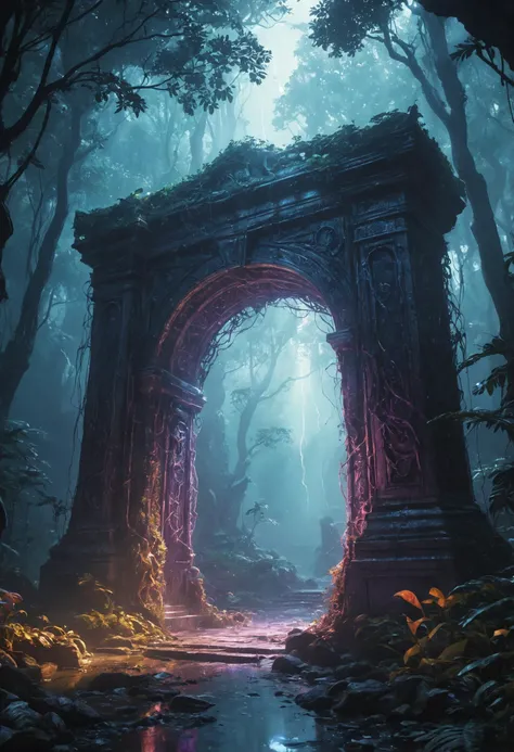 (Digital Artwork:1.3) of (Sketched:1.1) octane render of a mysterious dense forest with a large (magical:1.2) gate (portal:1.3) to the eternal kingdom, blade runner, intricate (vine:1.2), massive tree in liquid metal, realistic digital painting portrait, shot at 8k resolution, petrol liquid, pastel color, splash art, blue and purple magic universe, light engrave in intricate details, (light particle:1.2), (game concept:1.3), (depth of field:1.3), global illumination,Highly Detailed,Trending on ArtStation