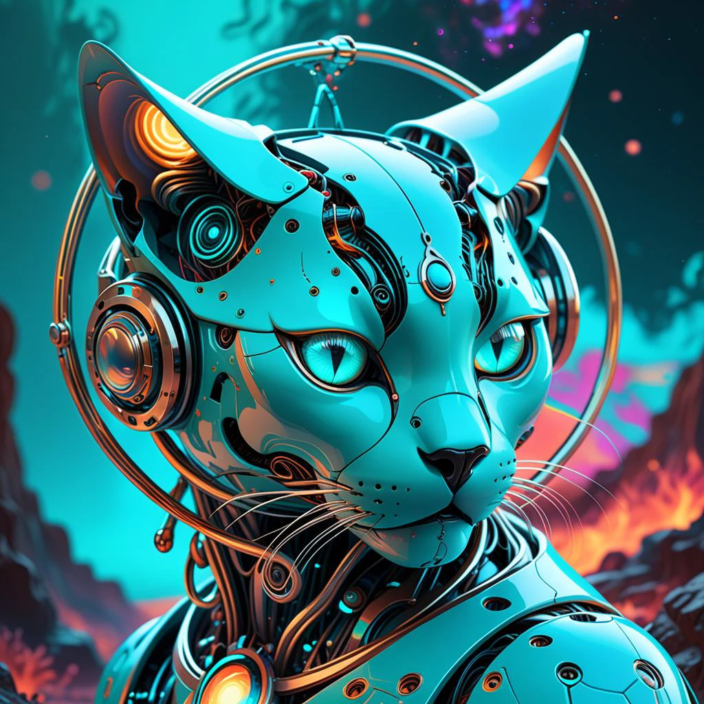 Orbital rings, Chic robot, Wilderness fantasy, Expressive eyes, Dramatic lighting, Psychedelic colors, Inferno ball, Glowing feline, Dreamy backdrop, Turquoise nodes, Curved lines