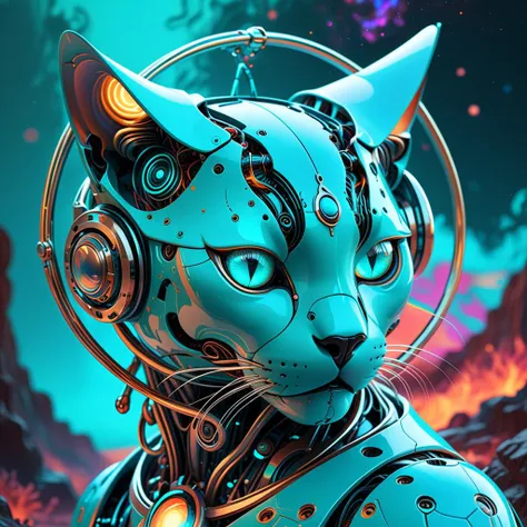 Orbital rings, Chic robot, Wilderness fantasy, Expressive eyes, Dramatic lighting, Psychedelic colors, Inferno ball, Glowing feline, Dreamy backdrop, Turquoise nodes, Curved lines