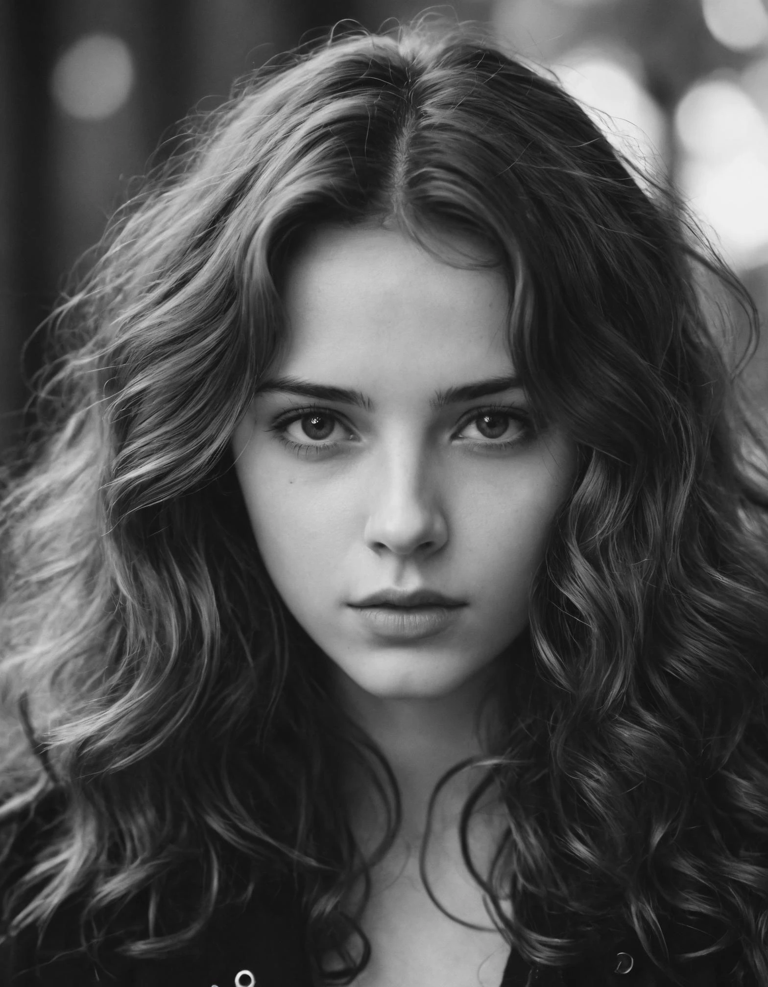 The photo shows a young woman with long, wavy hair looking at the camera with a serious expression. Her eyes are slightly narrowed and her lips are pursed. She is wearing a dark jacket. The photo is taken at a close-up angle and the background is out of focus. ((Black and white photo, film grain, grain effect))