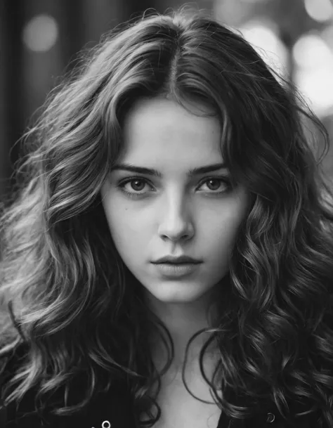The photo shows a young woman with long, wavy hair looking at the camera with a serious expression. Her eyes are slightly narrowed and her lips are pursed. She is wearing a dark jacket. The photo is taken at a close-up angle and the background is out of focus. ((Black and white photo, film grain, grain effect))
