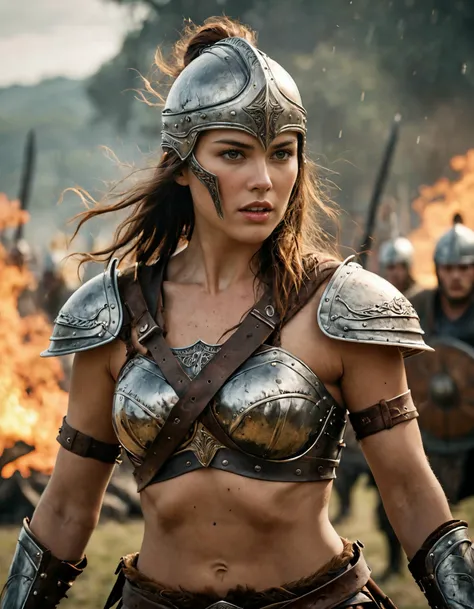 4K, (ultra fury quality), ((very delicate face)), ((Central background across the center of the battlefield)) they are at war. They fight facing each other from the left and right sides..., The female warrior is on the left., The Southern Warrior is on the right,knife, axe, shield, Amazon Female Warrior, viking male warrior, ((So many people are fighting.)), ((very delicate)) Female warriors wear thin, bikini-style armor.., ((very realistic expression)) Male warriors wore armor with exposed muscles.., Yelling, fury, wind