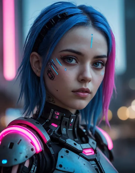 Ultra-high definition, cinematic portrait, a young cyborg woman with vibrant, blue hair, intricate cybernetic enhancements on her cheeks and forehead, piercing gaze, bathed in neon pink and blue hues, radiating determination and enigmatic intensity, against a dark, high-tech cityscape, shallow depth of field, dramatic lighting