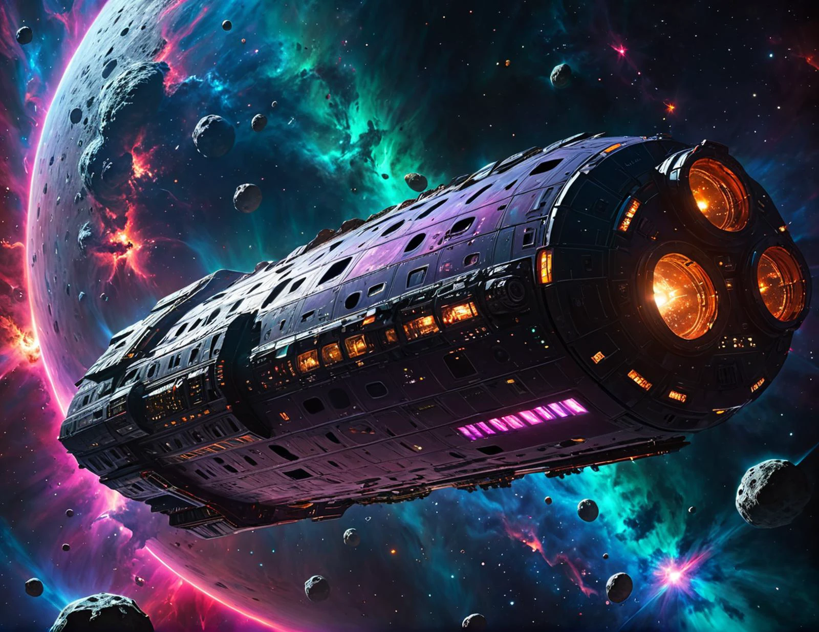 , rich colourful, 16k, romanticism lain, Detailed full color, high-definition photography, photorealistic hyperrealistic, A detailed, The sheen, ultra-realistic realism,
, si-fi, space, darkness, neon light, colony ship, spacecraft in space nebula, space shield, huge asteroid,