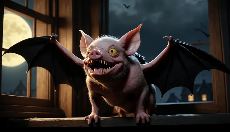 a creepy bat pig with creepy yellow eyes, bat wings, drool dripping from large fangs, furry skin, large sharp claws, climbs in through an open bedroom window, eye contact, like a scene from a horror , 8k, dramatic moon light, highly detailed, intricate sharp details, cinematic