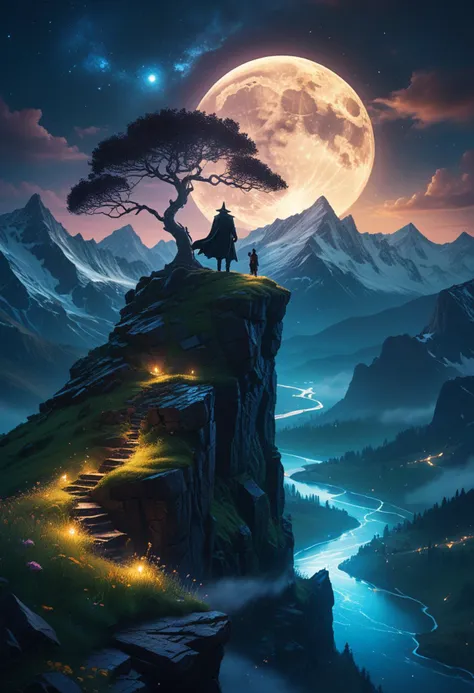 Hyper realistic artwork Capture the essence of mystical landscape a person standing on top of a cliff, trending on Artstation, nagash editorial, dark atmosphere pinterest, an arcane wizard casting a spell, dan mumford.
In a land where time danced to the whispers of ancient trees, there existed a meadow bathed in morning dew. Wildflowers, their petals delicate as dreams, adorned the grassy canvas. Beyond this mystical haven, snow-capped peaks kissed the stary night sky, gigantic moon promising a new day filled with wonder and adventure.  dark Photography, a landscape , darkness, bokeh blur background, award winning, photo-art, , Canon DSLR, Backlight, Artstation, Photography, stvmccrr style,
,( lighting, dark palette, highly professional, dramatic lighting, extremely beautiful:1.6), ((intricate details, masterpiece, best quality:1.6)),
, Vibrant, dynamic,  highly detailed, reminiscent ,  , dynamic pose
in the style of Mikko Lagerstedt
8 k octane render, concept art | rutkowski, ghostly necromancer, fantasy card game art