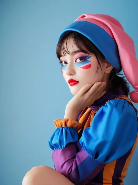 profile portrait, (wearing jester stripe Hat , jocker hat:1.3)
full body of a girl, fashion magazine, detailed face, realistic lighting, high resolution, light pink and light blue, sharp focus,
misa <lora:Misa V1_epoch_8:1>, (best quality:1.3), photo-realistic, highly detailed, high resolution RAW photo, film grain