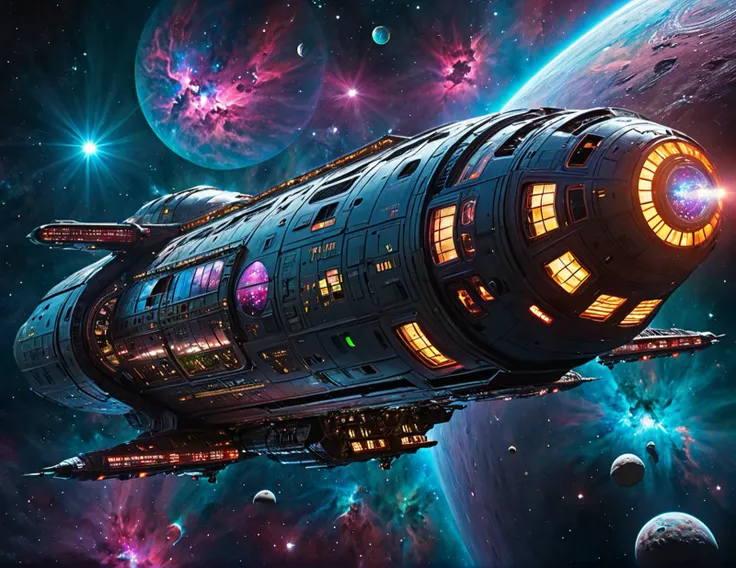 , trendding on artstation, rich colourful,A detailed complex, 16k, romanticism lain, Realistic, Detailed full color, naturey, high-definition photography, photorealistic hyperrealistic, A detailed, The sheen, ultra-realistic realism,
, si-fi, space, darkness, neon light, colony ship, spacecraft in space nebula,