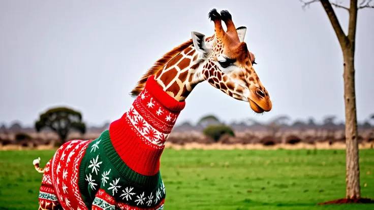 epic photograph of : a real giant long necked giraffe wearing a Christmas style long necked turtleneck sweater