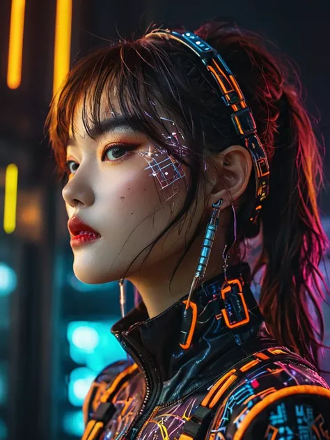 A futuristic girl in a multiverse, wearing an avant-garde fashion outfit with glowing neon patterns, in a cyberpunk cityscape, intricate details, high-tech accessories, vibrant colors
profile portrait
Fashion magazine, detailed face, high resolution, misa
<lora:Misa V1_epoch_7:1>, (best quality:1.3), photo-realistic, highly detailed, high resolution RAW photo, film grain