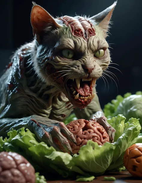 a grotesque looking zombie cat eating a human brain that is on a bed of lettuce, cinematic, 8k, dramatic lighting, high detail, highly detailed, hyper realistic, intricate, intricate sharp details, octane render, smooth, studio lighting, trending on artstation