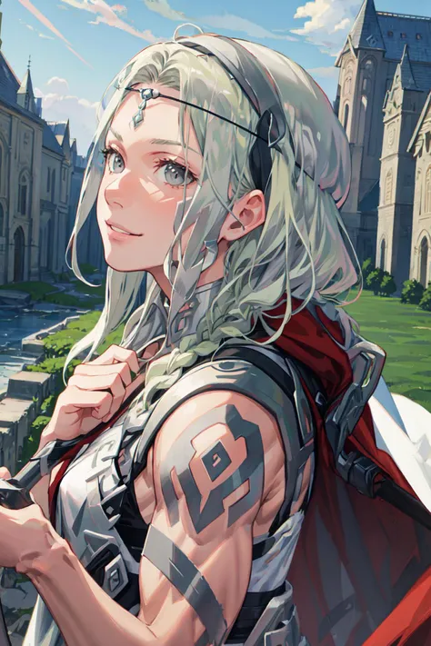 (masterpiece, best quality), outdoors, castle, portrait, 1girl, solo, FENott, FENottMain, grey eyes, <lora:FireEmblemNott_V1-Manityro:1>, smirk, looking at viewer, muscular, circlet, grey headband, shoulder armor, white dress, red cloak, from side