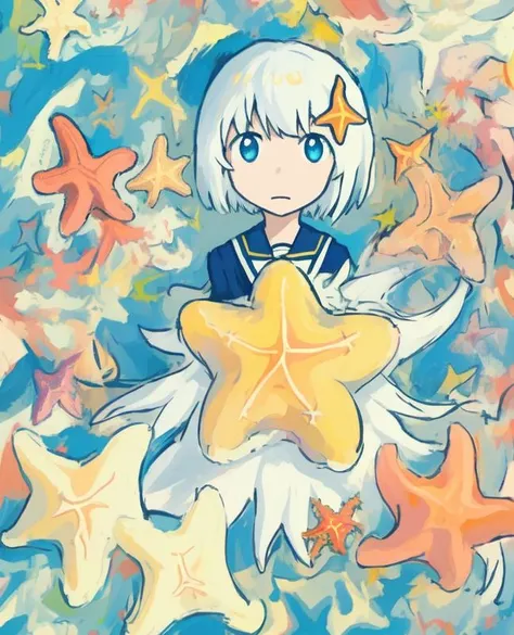 <lora:mika3:0.9>,solo,,simple,famous illustrator,anime coloring,best quality, starfish hair ornament,, masterpiece, white hair
