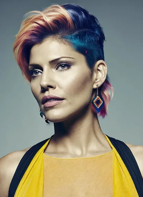 portrait of sks woman by Flora Borsi, style by Flora Borsi, bold, bright colours, rainbow Mohawk haircut, ((Flora Borsi)), <lora:locon_tricia_v1_from_v1_64_32:1.25>