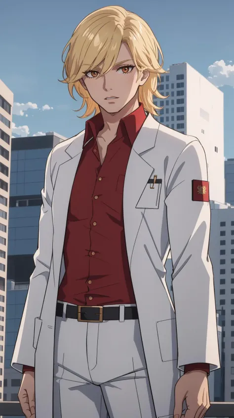 solo, standing, looking at viewer, cowboy shot, outdoors, city, <lora:zs_OBrien:1> obriendds, labcoat, red shirt, white pants, blonde hair