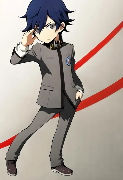 1boy, (solo), looking at viewer, solo focus,  <lora:PersonaQstyletest:1>, Q2style,  full body, standing,  <lora:NaoyaV3:1>, school uniform, naoya, grey pants, (hand on own face)