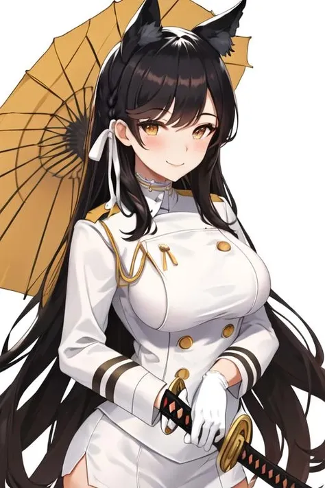 best quality, masterpiece, highres, solo, {atago_azurlane:1.15}, animal_ears, long_hair, black_hair, bangs, extra_ears, mole, mole_under_eye, breasts, large_breasts, ribbon, smile, brown_eyes, white_ribbon, hair_ribbon, blush, swept_bangs, closed_mouth, yellow_eyes, 1girl, gloves, looking_at_viewer, military, military_uniform, simple_background, uniform, white_gloves, white_background, buttons, long_sleeves, upper_body, double-breasted, katana, sword, weapon