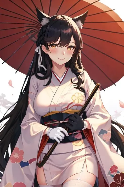 best quality, masterpiece, highres, solo, {atago_azurlane:1.15}, animal_ears, long_hair, black_hair, bangs, extra_ears, mole, mole_under_eye, breasts, large_breasts, ribbon, smile, brown_eyes, white_ribbon, hair_ribbon, blush, swept_bangs, closed_mouth, yellow_eyes, 1girl, hair_ornament, japanese_clothes, kimono, looking_at_viewer, white_kimono, flower, hair_flower, umbrella, obi, oil-paper_umbrella, sash, wide_sleeves, holding_umbrella, black_gloves, gloves, upper_body, holding
