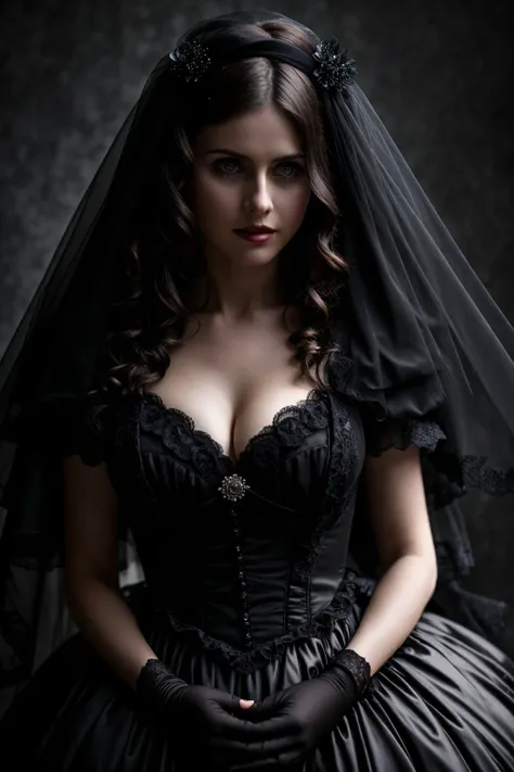 still from a horror movie directed by tim burton starring sks woman wearing a black full-length victorian wedding dress and black wedding veil, (cleavage:1.3), smiling, demure, looking up at the camera,dark, atmospheric, mist, best quality masterpiece, photorealistic, detailed, 8k, HDR, shallow depth of field, broad light, high contrast, backlighting, bloom, light sparkles, chromatic aberration, sharp focus, RAW color photo,<lyco:alexandraDaddario_v10:1.3><lora:epiNoiseoffset_v2Pynoise:1.0>