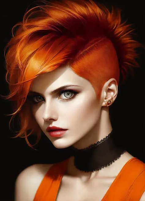 portrait of sks woman by Flora Borsi, style by Flora Borsi, bold, bright colours, orange Mohawk haircut, ((Flora Borsi)), <lora:locon_alexandra_v1_from_v1_64_32:1.3>