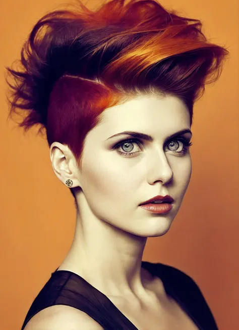 portrait of sks woman by Flora Borsi, style by Flora Borsi, bold, bright colours, orange Mohawk haircut, ((Flora Borsi)), <lora:locon_alexandra_v2_from_v2_64_32:1.25>