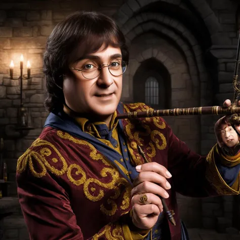 portrait of sks man dressed like (Harry Potter:1) with wand, glasses and detailed environment, high detailed face, 8k,<lora:maravilla:1>