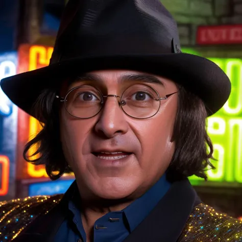 portrait of sks man dressed like (Harry Potter:1) with hat, glasses and detailed environment, high detailed face, neon lights in background, 8k,<lora:maravilla:1>
